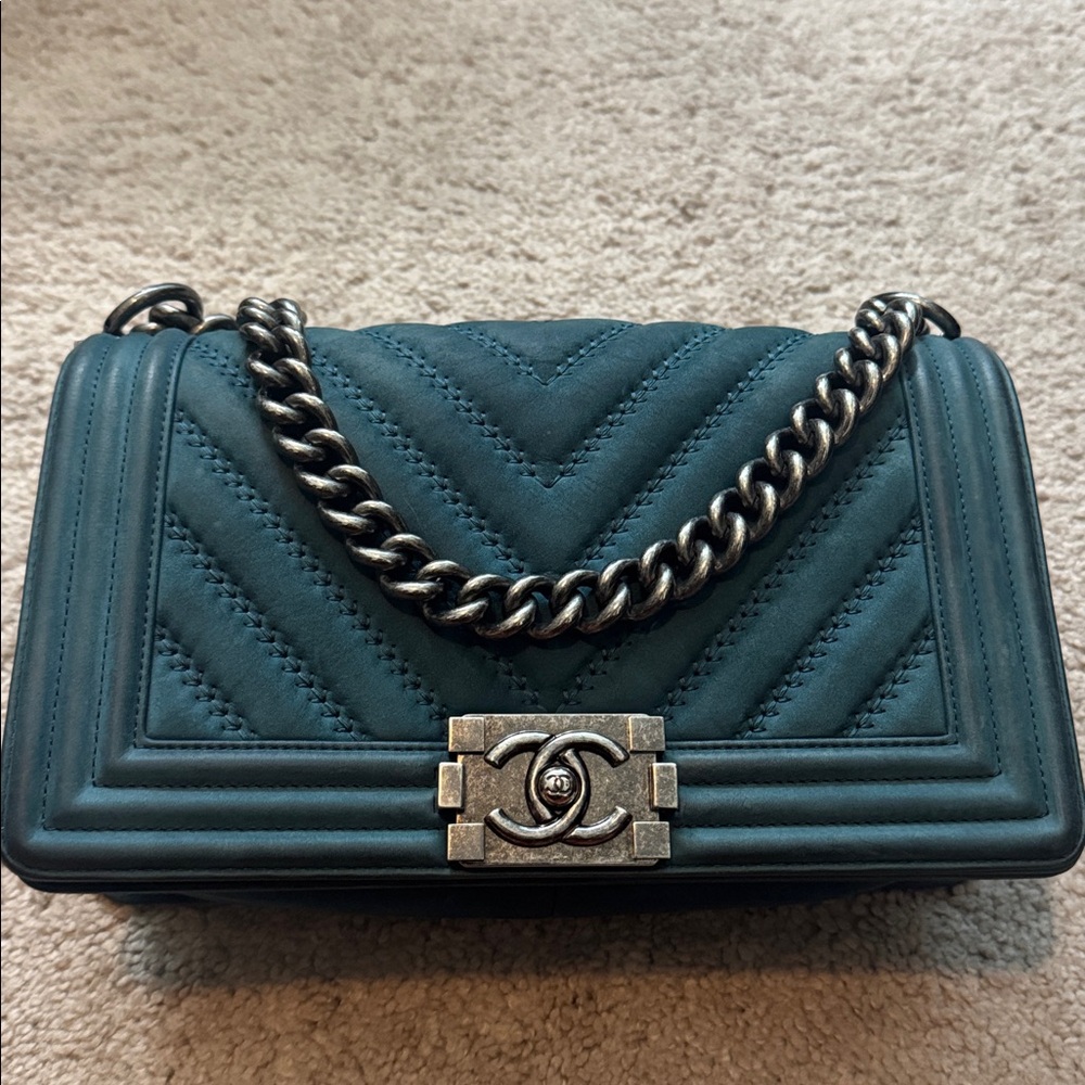 CHANEL Chevron Quilted Boy Bag in Teal with Silver Chain